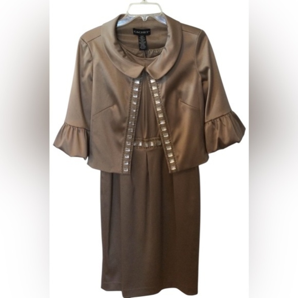 Cachet Beautiful Camel Mother of The Bride Party Holiday Jacket Dress Size 8